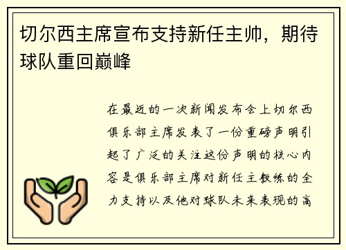 切尔西主席宣布支持新任主帅，期待球队重回巅峰