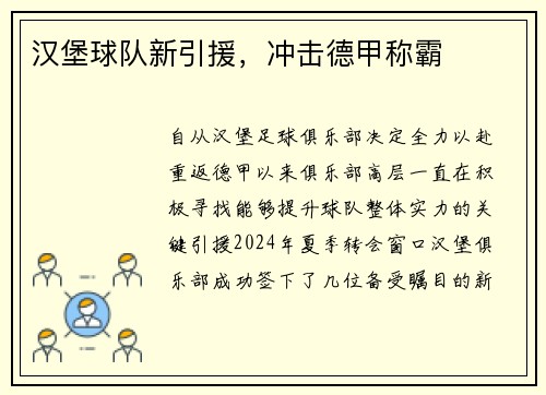 汉堡球队新引援，冲击德甲称霸